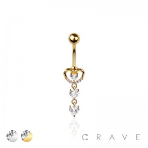 316L SURGICAL STEEL CZ HEART NON DANGLE TRIPLE HEART BELLY BUTTON NAVEL RING 